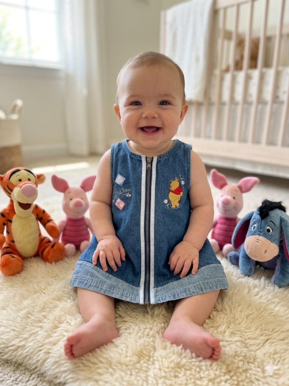 Vintage Winnie the Pooh Blue Denim Zip-Front Sleeveless Dress Size 24M